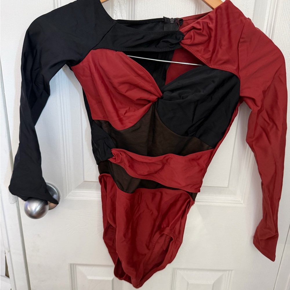 Red and Black Long Sleeve One-Piece Bodysuit with skirt / dance costume